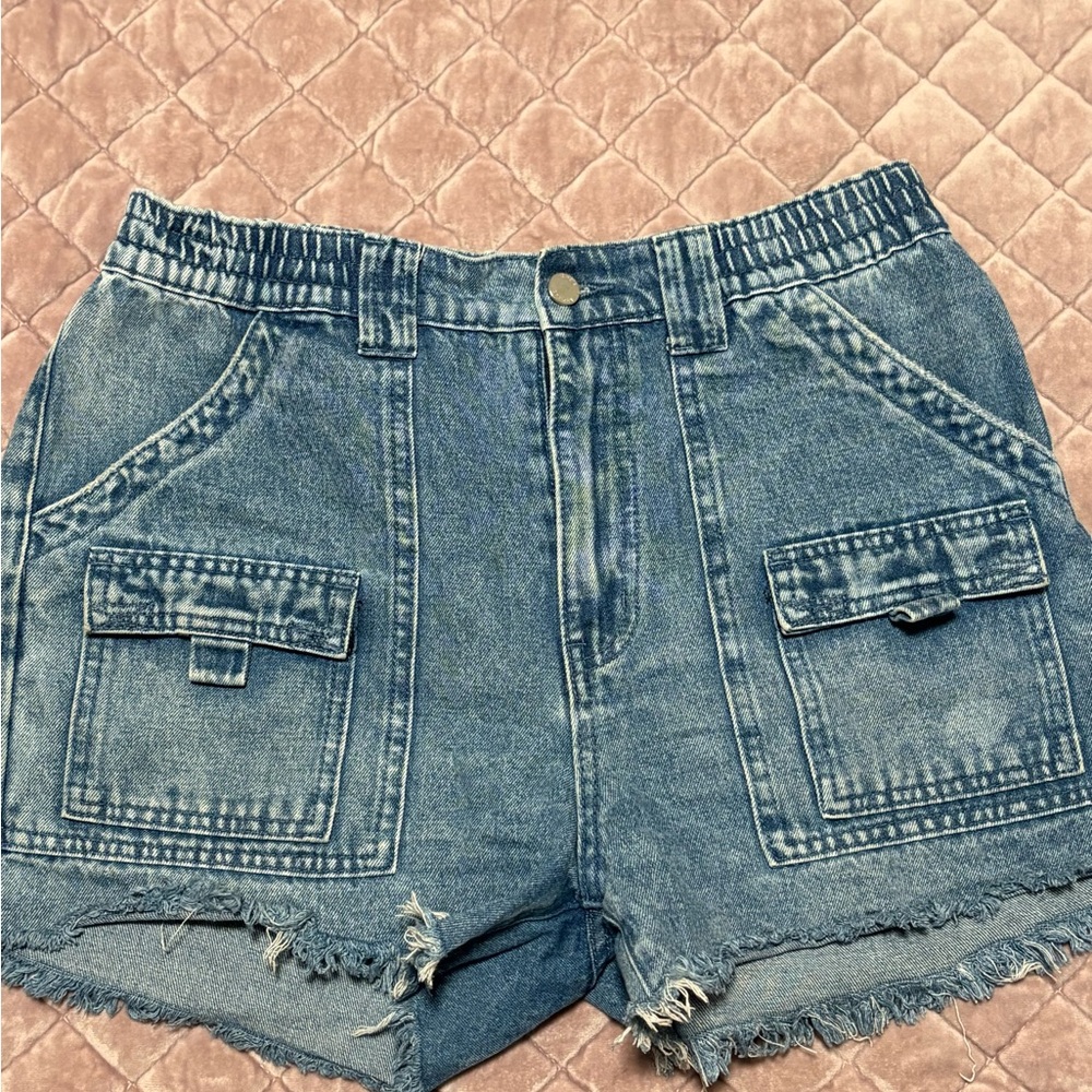 High-Rise Blue Denim Cargo Shorts